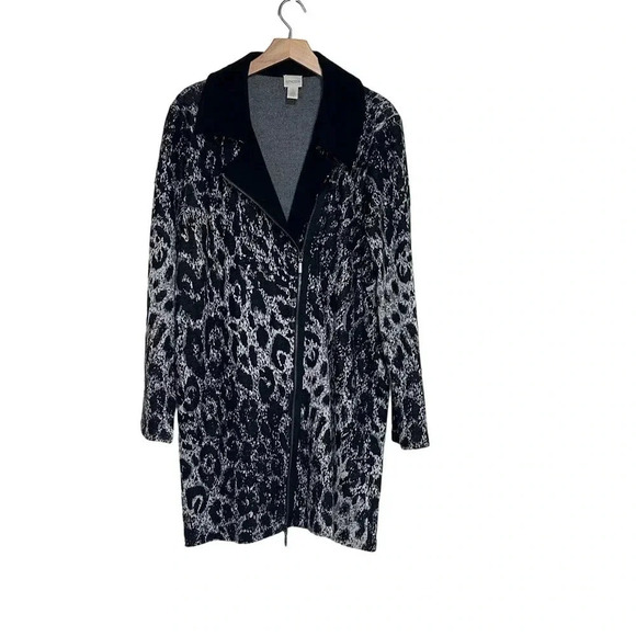 Chico's size 3/L/16 animal print knit‎ moto style front zip sweater coat - Picture 4 of 9